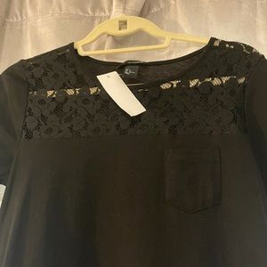 NWT Black shirt with lace near top collar area with a front pocket